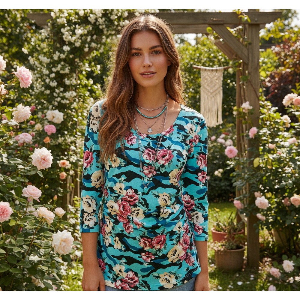 Hannah PL Women's Top Blue Floral Ruched Boho Coquette Whimsy Chic Botanical Mod